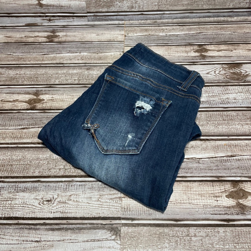ENJEAN Distressed Dark Wash Denim Jeans Ripped Raw‎ Hem Skinny Size 7